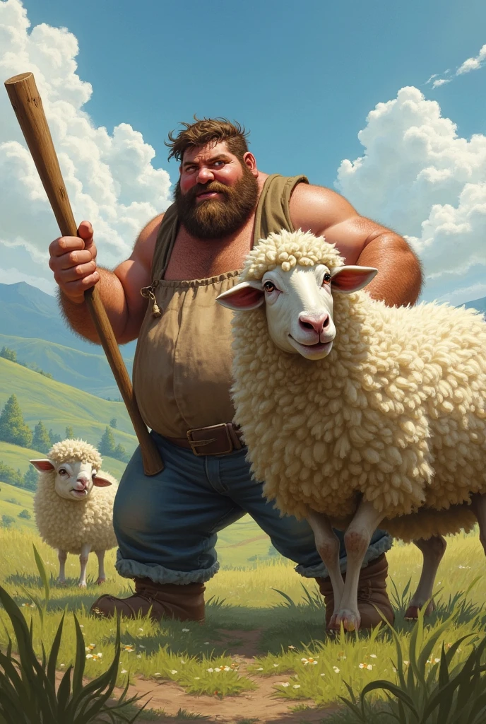 Big strong man standing in field of sheep