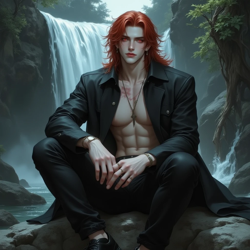 (hyper-realistic digital illustration), (perfect face:1.1), (high detail:1.1) one extremely handsome male elf wearing micro orange g-string, mage long red robes, clean shaved, front view, lying on his back, holding legs raised, athletic body, (white skin), bare chest, flat chest,(long orange hair scruffy ), serene expression, small waist, muscular. best quality, high-resolution