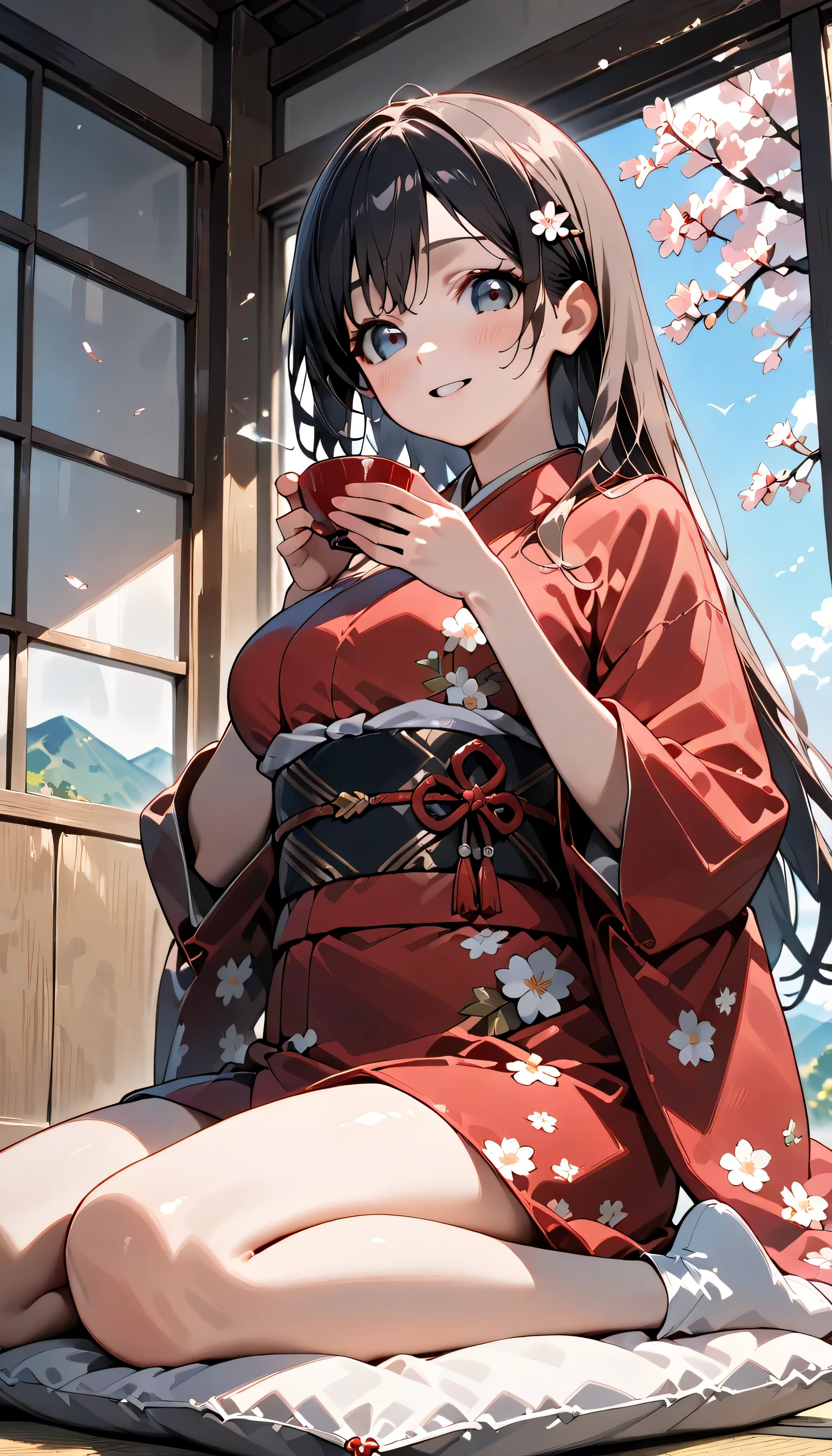 ((ultra-detailed)), (highly detailed CG illustration), (best quality:1.2), ultra-highly detailed, colorful composition, artistic photoshoot, 1girl, solo focus, ((upper body:1.4)), Japanese moe anime character, age girl, dainty facial structure, (baby face), (round face), ((rounded chin:1.2)), ((ideal ratio body proportions)), celia-default, celia claire, (blue eyes), sparkle eyes, black hair color, long hair, half updo, ((smile:1.4)), ((happy:1.4)), ((joyful:1.4)), ((blush:1.4)), ((drinking Japanese tea:1.3)), ((delicious:1.4)), ((pink ankle-length long furisode costume with gorgeous floral pattern:1.4)), ((red obi with golden decorations)), ((red Japanese ornate hairpin with golden decoration)), ample breasts, ((wariza)), ((seiza)), ((Sitting with a cushion on top of the tatami)), ((Japanese-style room with a view of the garden)), beautiful detailed sky, cherry blossom petals, cherry trees, row of cherry trees, breeze, petals dancing, low angle, expecting, pink cheek, blush, light pink gloss slip, portrait, depth of field, soft lighting, sidelighting, (shine), lighting, caustics, ray tracing, smile, perfect face, lustrous skin, highly  detailed face, highly detailed eyes, perfect face, perfect nose, perfect hair, perfect eyes, perfect anatomy, beautiful hair, beautiful small face, extremely detailed face, beautiful detailed eyes, beautiful clavicle, beautiful body,  beautiful fingers, 4 fingers, 1 thumb, lovely, (very detailed background:1.0), (highly detailed background:1.0), spring aesthetic, intricate details, solemn serene and respectful atmosphere, spring colors palette, chromatic aberration