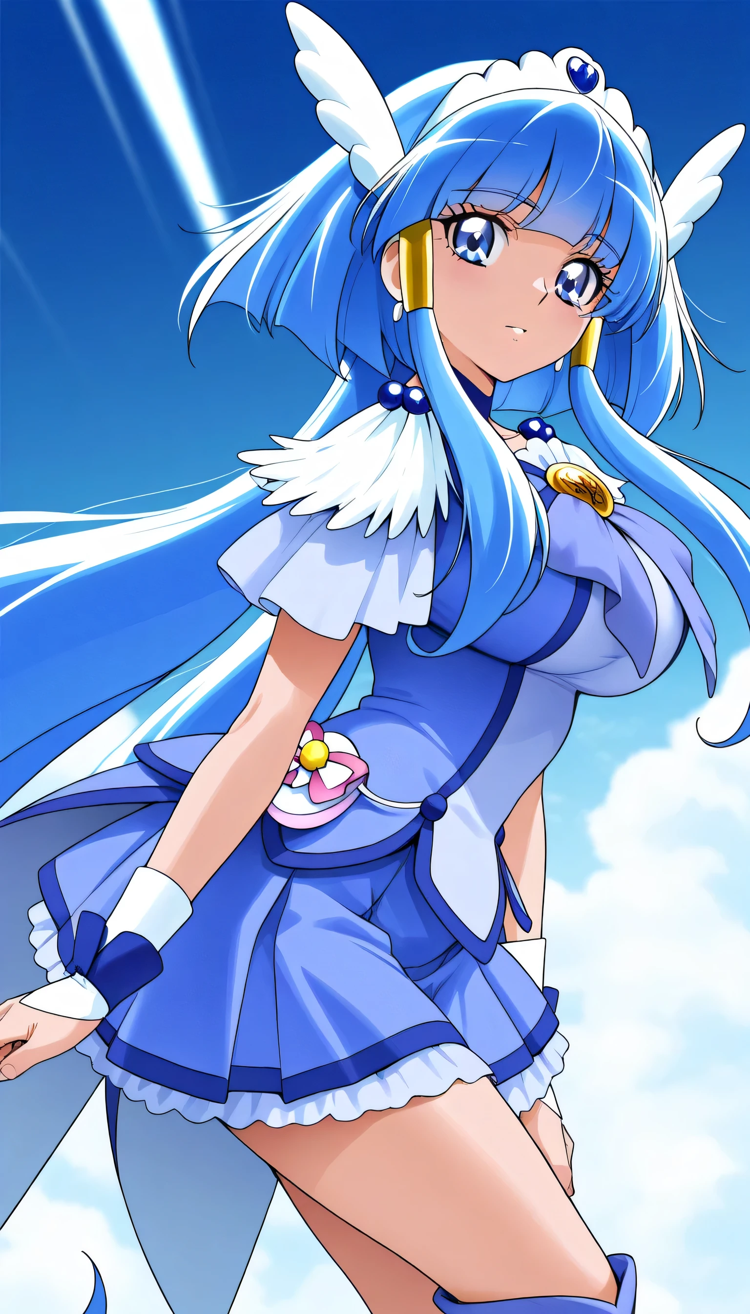 Masterpiece, Detailed Model, Exquisite Piece, precise, 1 girl, Source Anime, cure beauty, long hair, Blue Hair, blue eyes, Big Breasts, Knee Brace