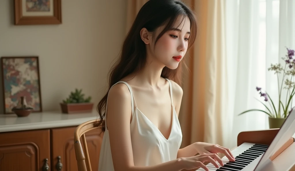 She is wearing a dress. The high-resolution image captures ultra-detailed realism and highlights Athena's seductive eyes, long eyelashes, and smooth skin. She plays the piano.
