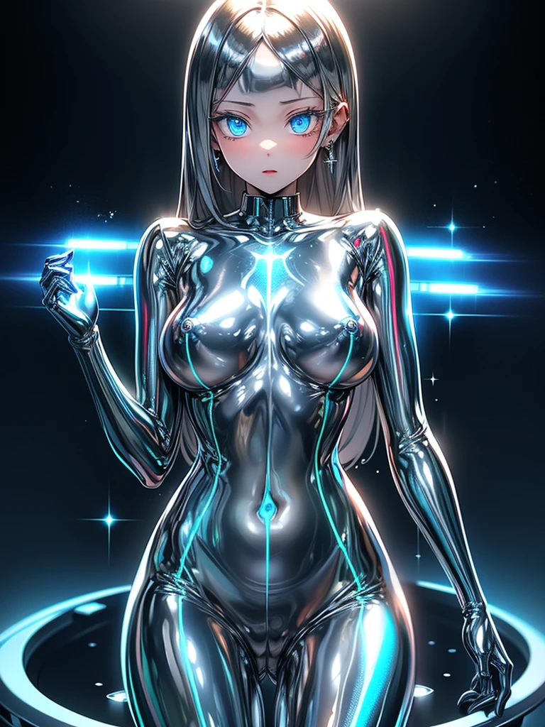 ((((masterpiece, 32K, high quality, very_high_resolution, large_filesize, full color)))), ((nsfw)), ((1girl)), (((Hatsune Miku VOCALOID))), (twintails), ((long hair)), ((grey skin:1.4)), (metallic silver hair), ((full nude)), upper body, (Limb restraints with arms outstretched), be taken in by a machin, ((Mechanical tentacles entwine around the body)), the body is part of the machine, fear and despair, both eyes closed, The body surface is dyed with a silvery film, (silver skin), ((silver hair)),restrained, (The machine takes in the girl), The lower body is assimilated with the machine, Ultimate physical beauty, ((inside the dark gundam cockpit)), (body glowing silvery), (super detailed skin), high resolution, high quality,(body_unite), tentacles,liquid metal girl