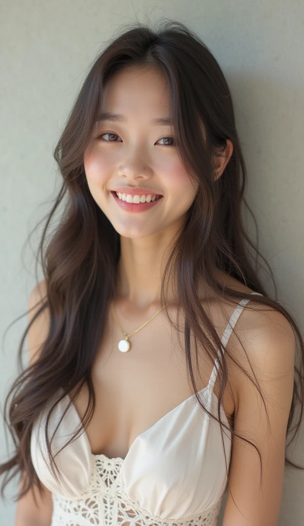 highest quality, japanese woman,beautiful face, (realistic face), (Light brown hair, medium hair:1.2), beautiful hairstyle, realistic eyes, beautiful eyes, beautiful eyes, (realistic skin), beautiful skin, Charm, Ultra High resolution, High resolution, close, golden ratio, look at the beholder, smile, double eyelid(pink cheek),round face,baby face,front,one piece,cafe background blur