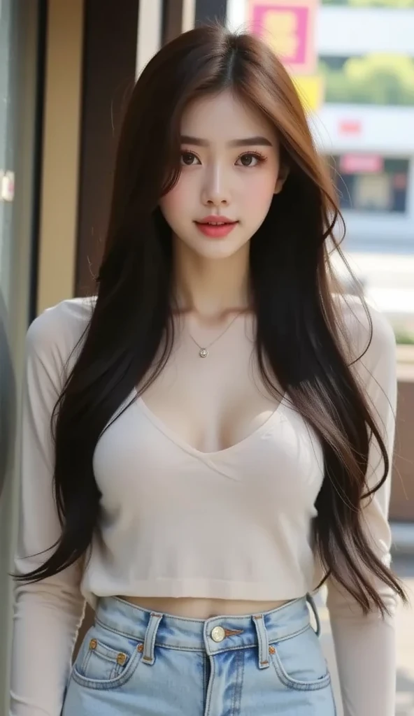 I am a 19 year old age girl, slightly large hips, long straight hair, ((hair detail)) (face detail), round face, smiling, masterpiece, high resolution, ((skin detail)), (face detail), (hair detail)), big , innocent girl, Lolie, soft girl, beautiful breasts, pale skin, realistic lighting, (((Off-the-shoulder clothing))), (casual wear), cute hair accesories, show cleavage, (wearing a oversize tshirt), Ultra HD, ultra realistic, FHD,