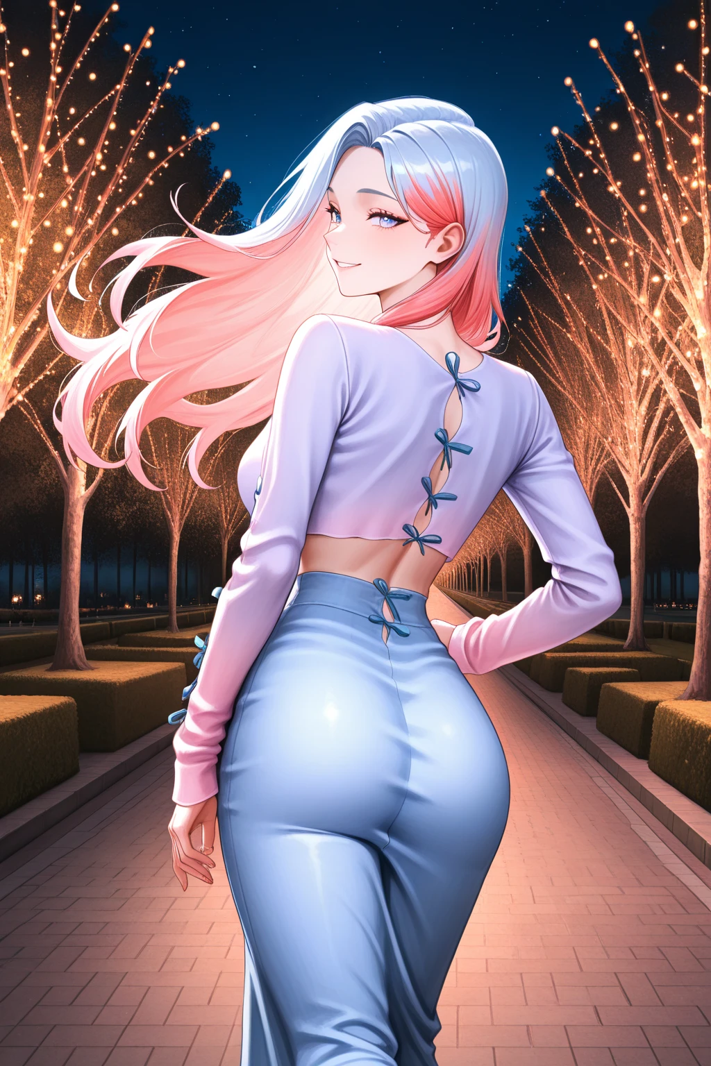 masterpiece, best quality, amazing quality, hyper-detailed, newest, very aesthetic,  anime, 1woman, long hair, rich colors hair, smile, Night at the Park , walking, From Behind, looking at viewer, cowboy shot, dynamic pose, Pale color costume, (color) shirt, long skirt, str1ngl1ghts, string lights, 