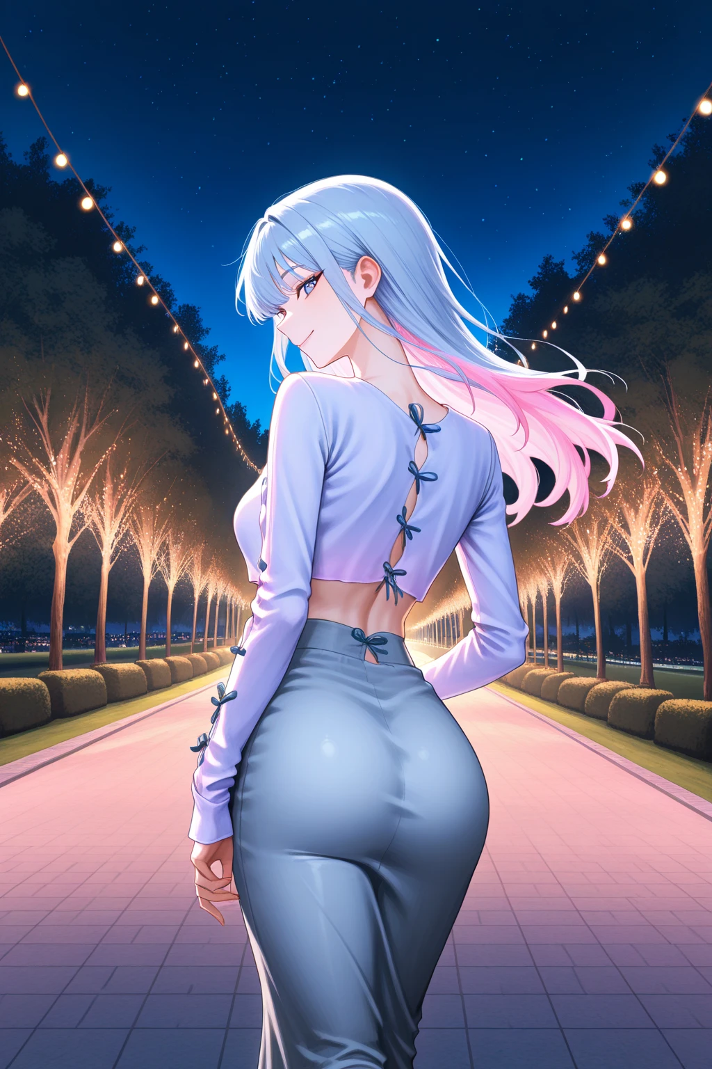 masterpiece, best quality, amazing quality, hyper-detailed, newest, very aesthetic,  anime, 1woman, long hair, rich colors hair, smile, Night at the Park , walking, From Behind, looking at viewer, cowboy shot, dynamic pose, Pale color costume, (color) shirt, long skirt, str1ngl1ghts, string lights, 
