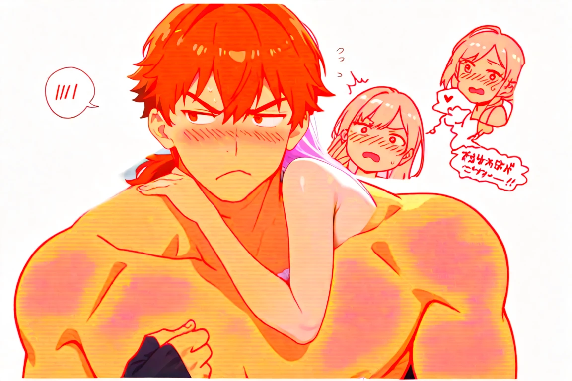 score_9, score_8_up, score_7_up, score_6_up, boy, red hair, bangs, hair down, disheveled, short hair, one eye closed, yawning, shirtless, black shorts, cool, front, fit, huge bulge, looking at viewer, simple white background, concept art, RinotunaYei,