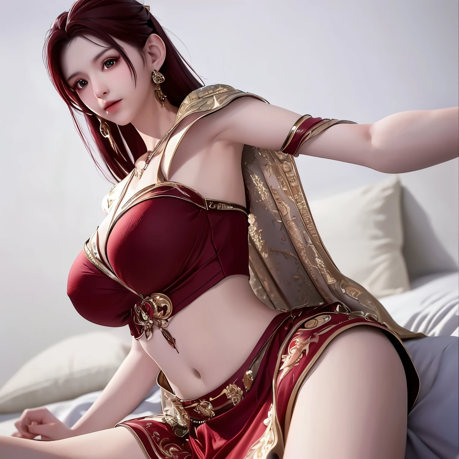 Sexy women 1 ,  for short hairสีน้ำตาลแดง , red eyes , Bare Breasts , arms behind , sleep on the bed , pose , armpit , Underarm Sweat ,  Bedroom , Big Breasts,  Protruding chest , Perfect Lighting, for short hair, Earrings, Jewelry , Necklace, seen in full, , , , , , chest exposed ,  exposed navel     , Exposed Hips , ((  Body tattoo  )), ((black tattoo)),,