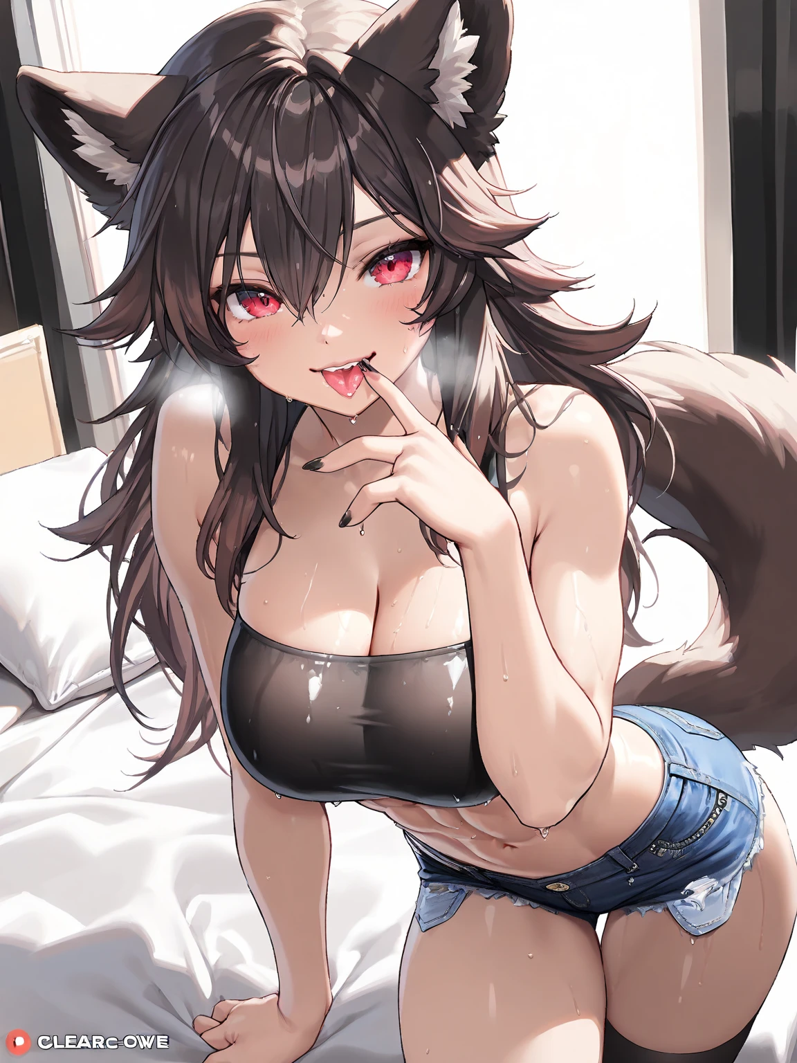 ((best quality, masterpiece, perfect anatomy, detailed picture)), furry, 1female, great grey wolf, sexy, blue eyes, black sclera, fluffy tail, bikini, red blushing, shy, in the beach,