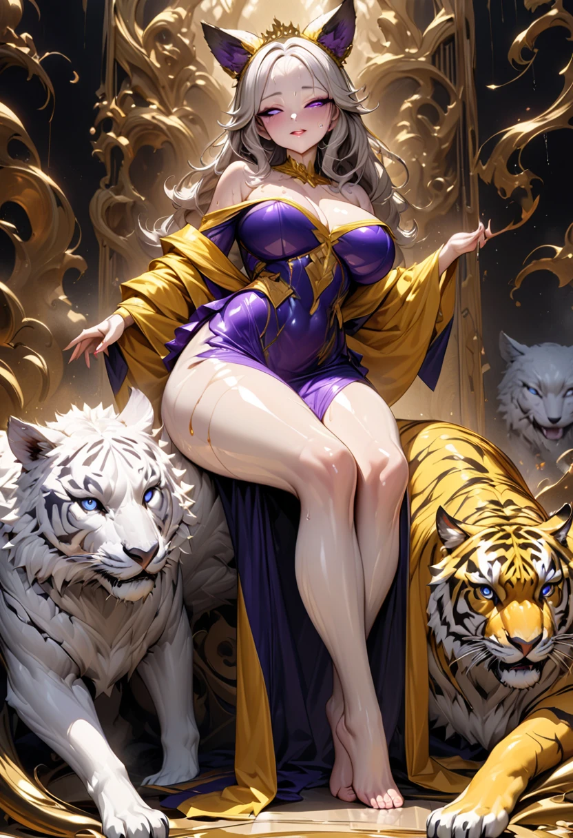 "Arabian princess in blue attire, goddes face, beautiful face,sexy body, huge breast, berfect body, cascading black /blonde long hair, piercing eyes, alluring smile, reclining seductively on a majestic throne, accompanied by a magnificent white tiger, amidst an enchanting mystical backdrop."