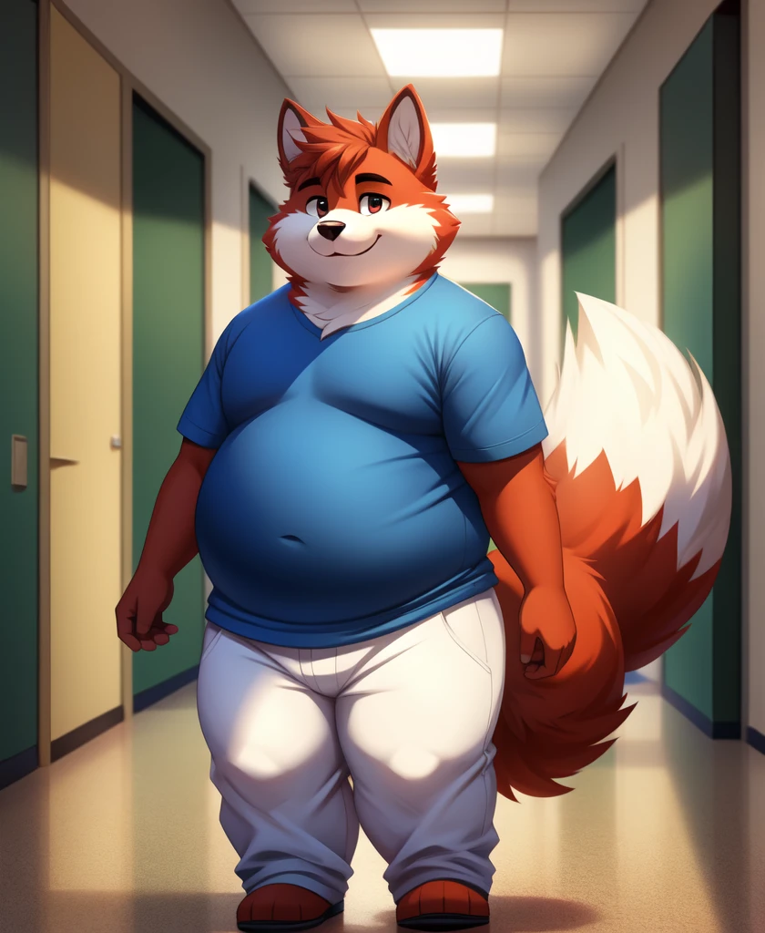 A male chubby anthropomorphic fox with a big belly and a beard , wearing a polo shirt and tight jeans, sitting on a couch