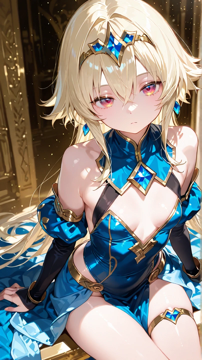 ((best quality)), ((masterpiece)), (detailed), perfect face, ((Best quality, 8k, Masterpiece: 1.3)), Sharp focus A beautiful woman, Highly detailed face and skin texture, Detailed eyes, Double eyelid, blonde hair, bangs, hime cut, crystal hair, big hair, shiny hair, tiara, gradient eyes, crystal earrings, serious, sparkle, reflection light, Greek mythology goddess, Artemis, lake, laurel wreath, ((silk dress, rich drapes)), glitter, bejeweled, back
