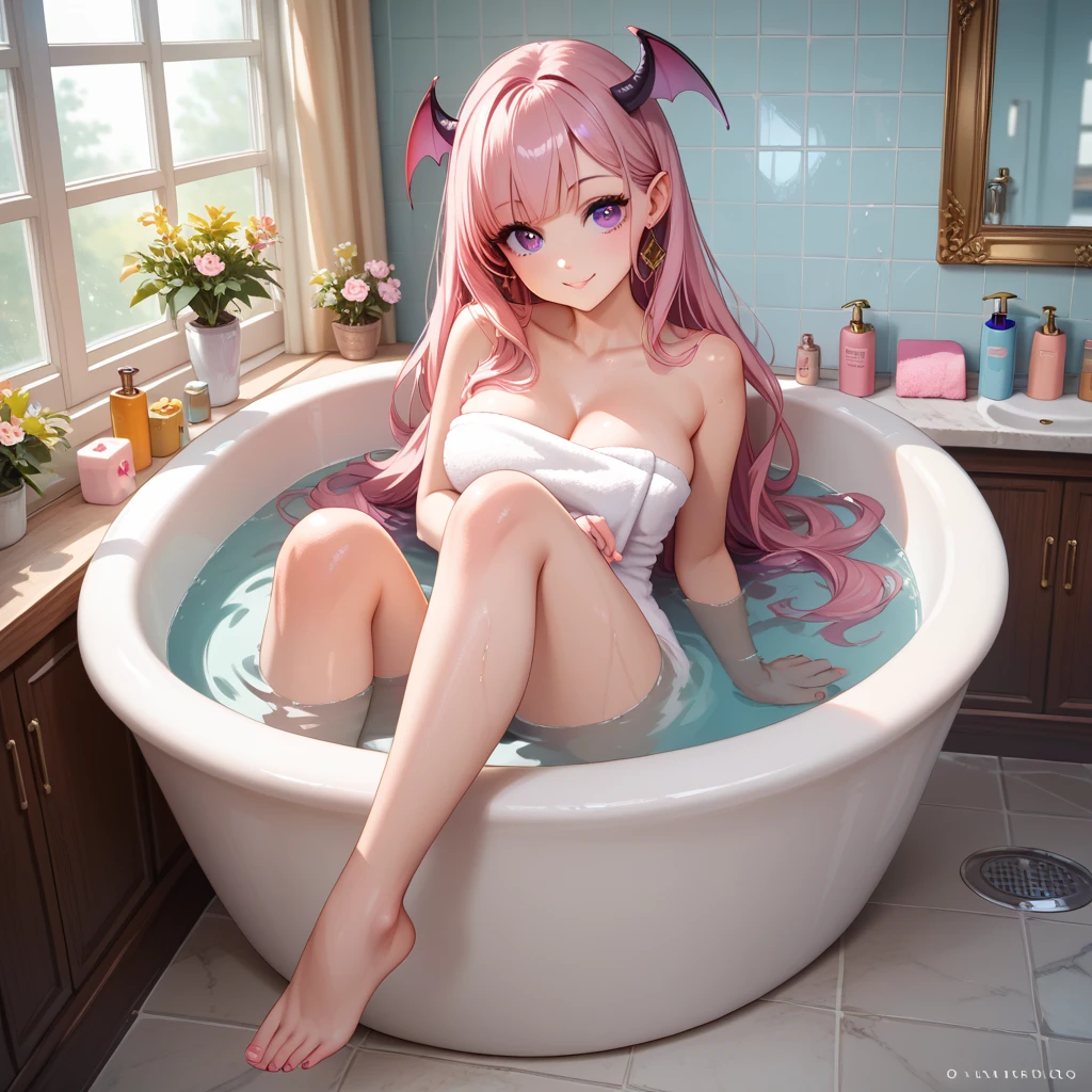 Yae miko, 1woman, wearing a underwears, in a bathtub, bathing, soap bubbls, pink colour hair, 8k, high detailed, high quality