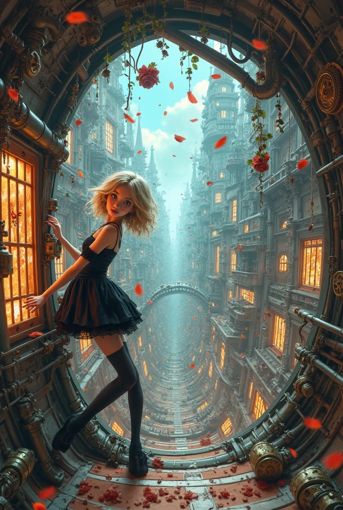A surreal and intricately detailed steampunk-inspired urban fantasy scene set within a warped, fisheye-perspective corridor that stretches into infinity. The environment is rich with complex architectural elements—pipes, gears, metal beams, and decorative windows—curving dramatically across the composition. The tunnel is constructed from glass and iron, forming a panoramic view of a chaotic cityscape outside. The buildings bend and spiral along the walls and ceiling, creating a sense of disorientation and visual overload, as if gravity itself has collapsed or shifted.

At the forefront, a gothic-lolita styled girl with pale skin, platinum-blonde hair, and mechanical accessories leans forward toward the window, peering out with a curious, dreamy expression. She wears a frilled black dress with metallic accents and thigh-high stockings, exuding both elegance and artificiality. Her fingers press gently against the glass, surrounded by floating rose petals and mechanical vines that add organic contrast to the mechanical setting.

The sky beyond the glass is painted in soft blues with drifting debris, falling petals, and whimsical objects like gears and paper notes suspended in mid-air. The buildings visible outside are a mixture of baroque, industrial, and futuristic design, with stained-glass windows, curved balconies, and suspended wires bridging the structures like spiderwebs. It feels like a futuristic city frozen in the middle of a dream, filled with impossible physics and layered timelines.

The ground beneath the girl is a checkerboard floor in shades of maroon and white, giving the corridor a surreal Alice-in-Wonderland energy. Light pours in from above, diffused and soft, casting strange shadows that wrap around the twisted metal and glass. Hints of red, copper, and silver glow throughout the scene, with occasional flickers of neon signs and glowing runes on the architecture.

The overall atmosphere is eccentric, melancholic, and hyper-stylized—a blend of roman