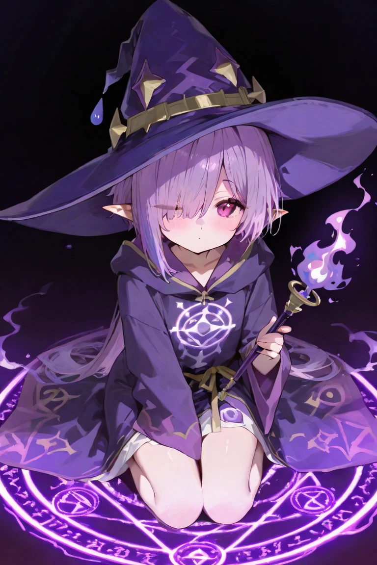 1girl,(loli:1.4),mage robe,(naked robe) , mage hat, elf,twin tail, purple hair,pink eyes,standing ,grin,holing magic staff ,magic circle