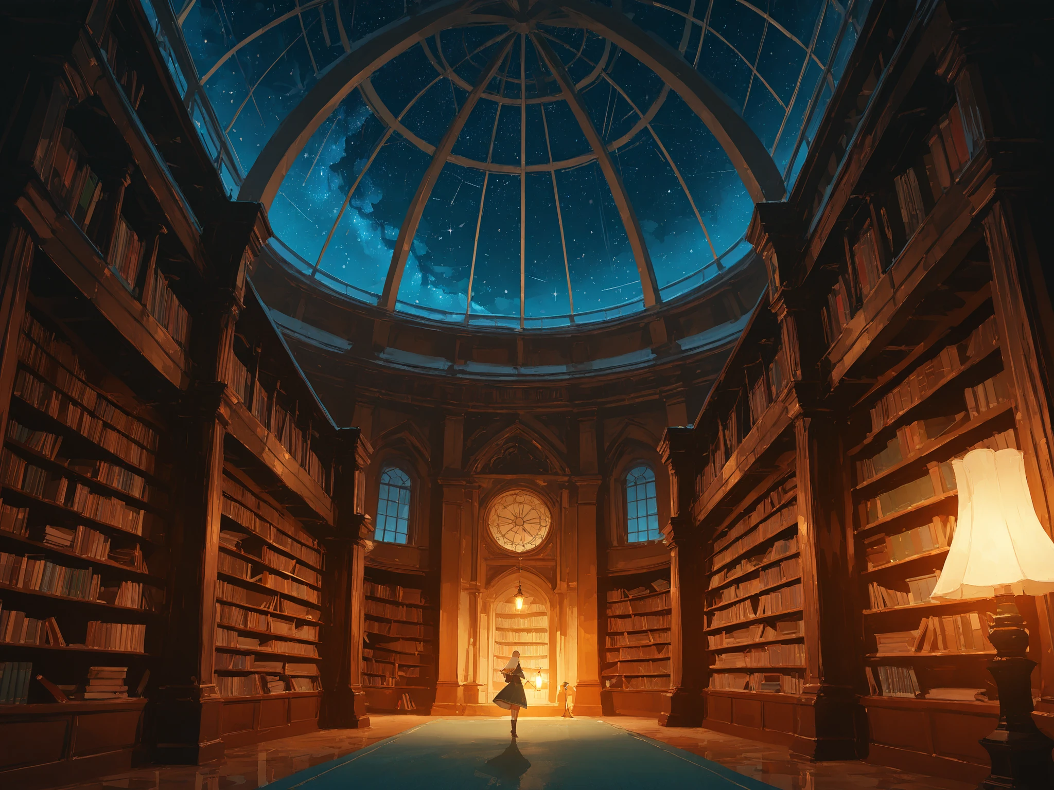 very wide shot, an angel, Library, glowing magical lamp in library, night, windows, starry, fantasy world