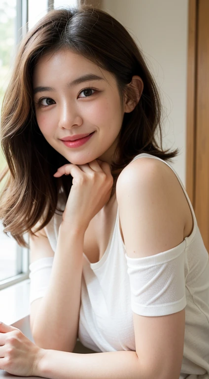 Posing for magazine photos in the studio, Fashion, {Upper body | close up}, Smile:1.15, looking at vewer,
