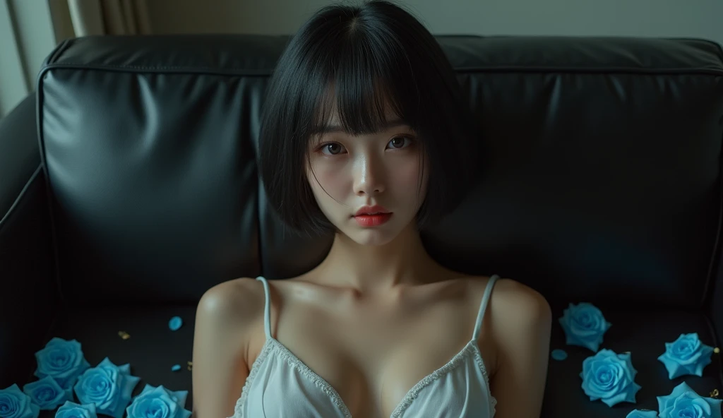 , Sweet and beautiful, Short, unkempt hair, fringe, Grand Front, Black Hair, Slightly red cheeks, Choker on neck, White underwear, Intense blue eyes, Luscious lips, Discounted, (very cute), Light-looking abdomen, White sexy panties, Standing by the window, Look outward, Beautiful legs, Mascara agent, barefoot, Biting his lip, Red lipstick that hasn't dried yet, Artistic photography style, Expressive, (Full body view:2) , ((Superior Quality)), ((masterpiece))