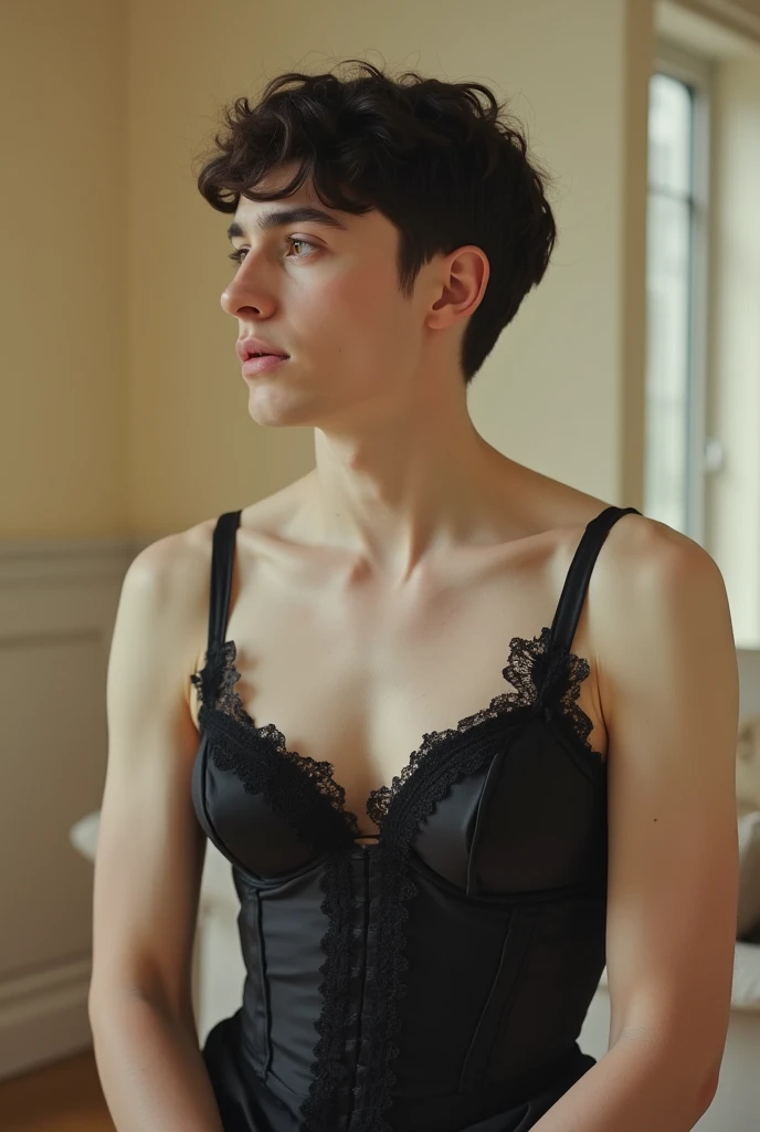 photography of a 20yo man, perfect face, masterpiece, bra, underwear, black_bra, jacket, black_panties