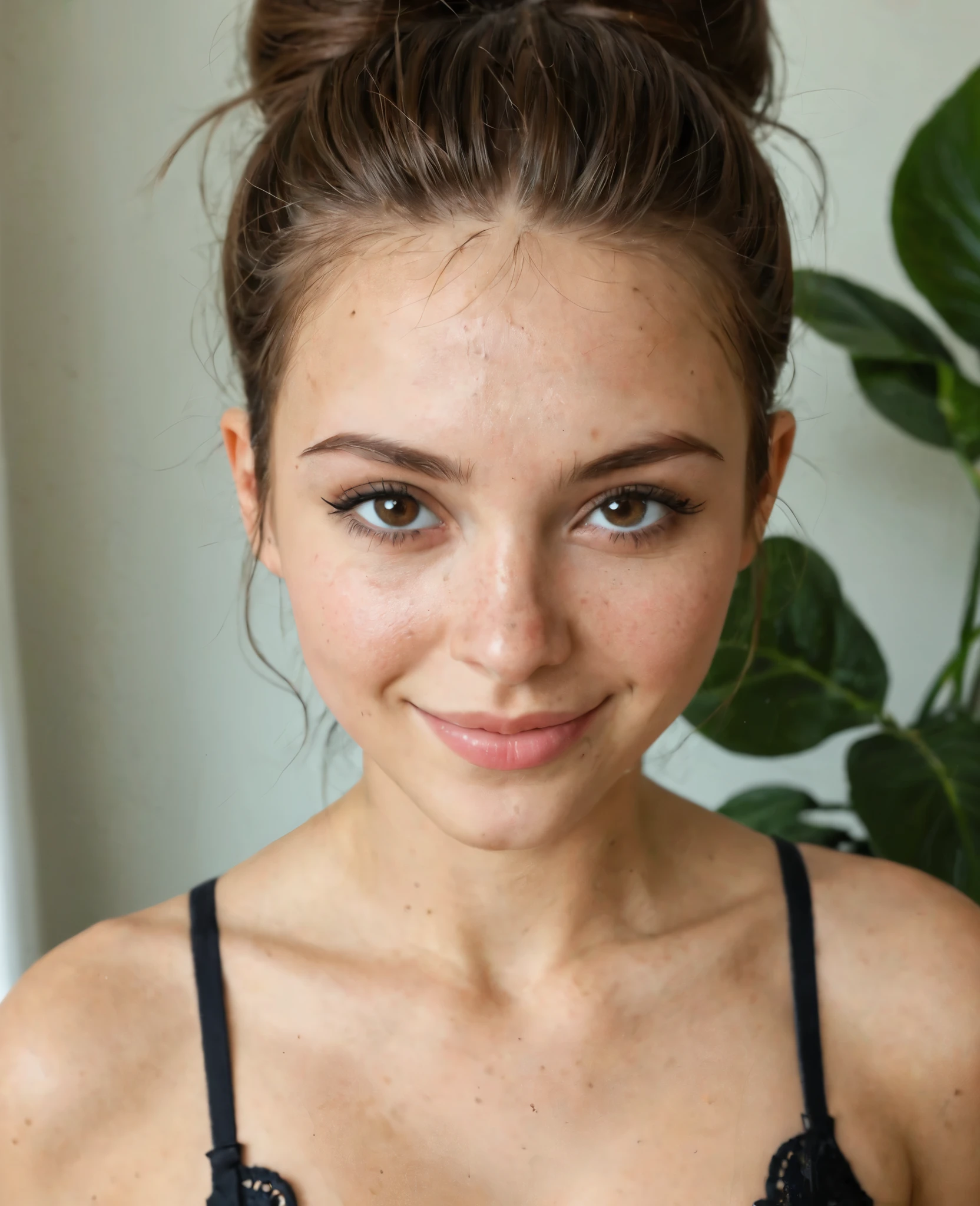 obra-prima, Best Quality, incredible quality, hair, soft lighting, sardas, messy bun, neutral makeup , pretty face, detailed skin texture, Slight Smile, shallow depth of field, plants natural background