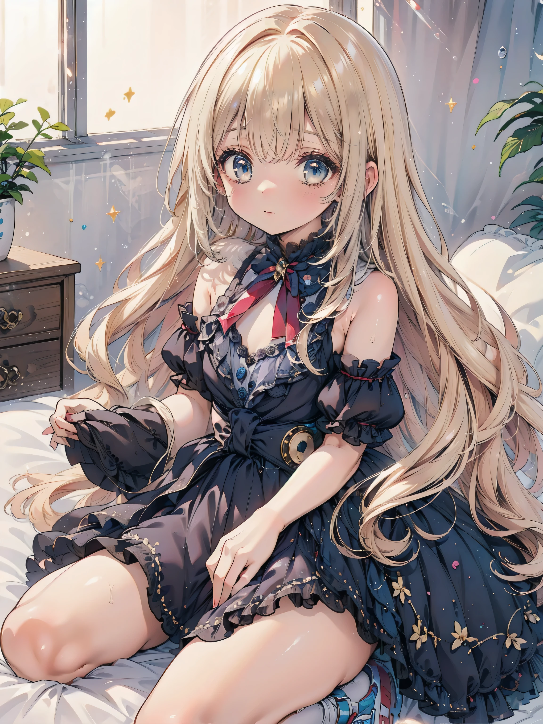 Dots are、明るいピンクの頬、she has golden blonde hair with wavy bangs.、she'dark-skinned girl, she is wearing a bright red headband with a ribbon on the right side of her head.. Dots are、she wears a shiny pastel blue and scarlet red dress with a small ribbon belt around her waist。, white collar, 4 crimson buttons, Bright red lining. sheのドレスの下には赤と淡いブルーのチュールスカートがある.. she also、Red top with white socks、she is wearing carnation pink high-top sneakers with bright red shoelaces, Shine; glitter, (NSFW:1.4), (1girl), (flat chest:1.1),