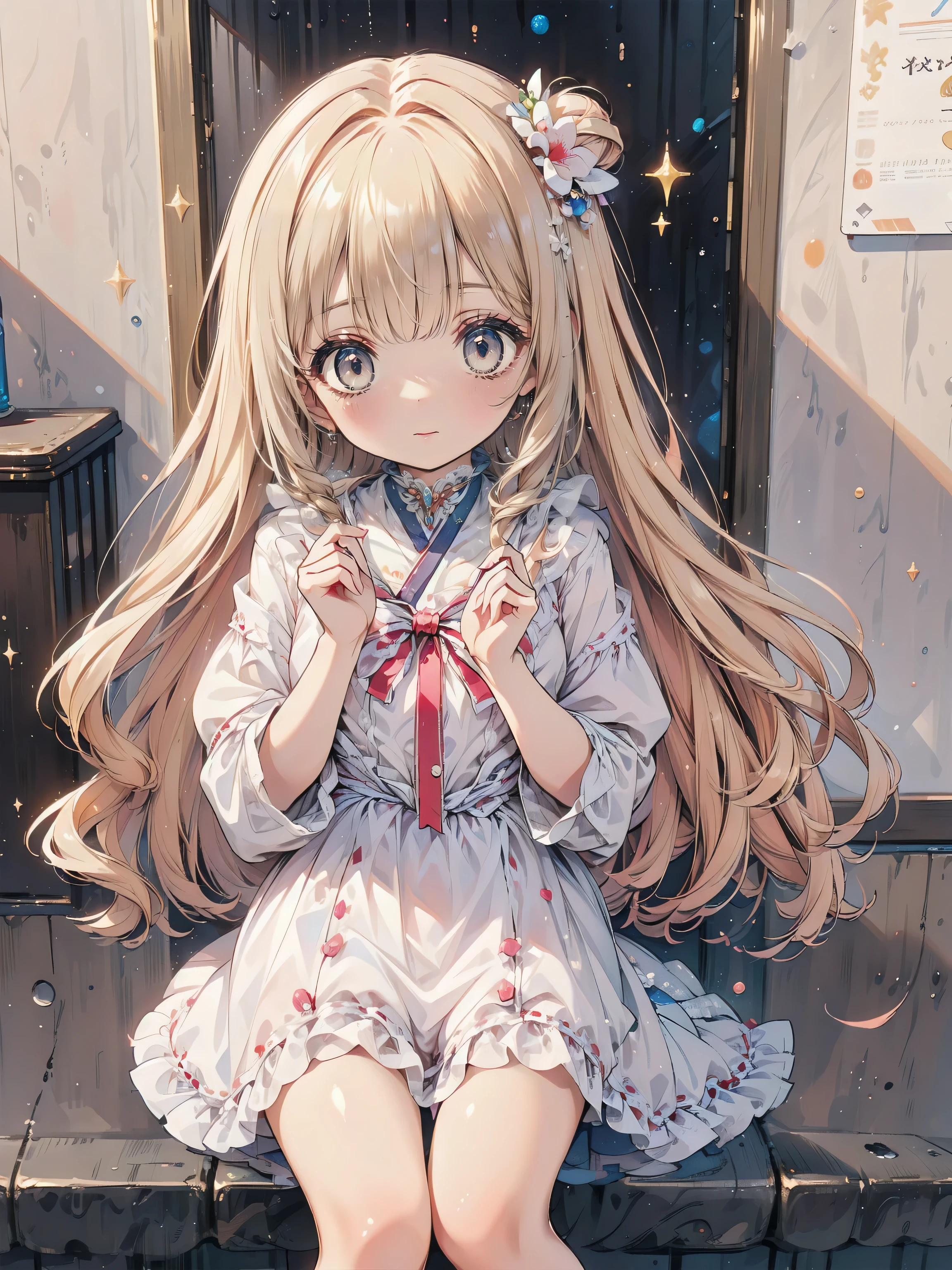 Dots are、明るいピンクの頬、she has golden blonde hair with wavy bangs.、she'dark-skinned girl, she is wearing a bright red headband with a ribbon on the right side of her head.. Dots are、she wears a shiny pastel blue and scarlet red dress with a small ribbon belt around her waist。, white collar, 4 crimson buttons, Bright red lining. sheのドレスの下には赤と淡いブルーのチュールスカートがある.. she also、Red top with white socks、she is wearing carnation pink high-top sneakers with bright red shoelaces, Shine; glitter, (NSFW:1.4), (1girl), (flat chest:1.1),
