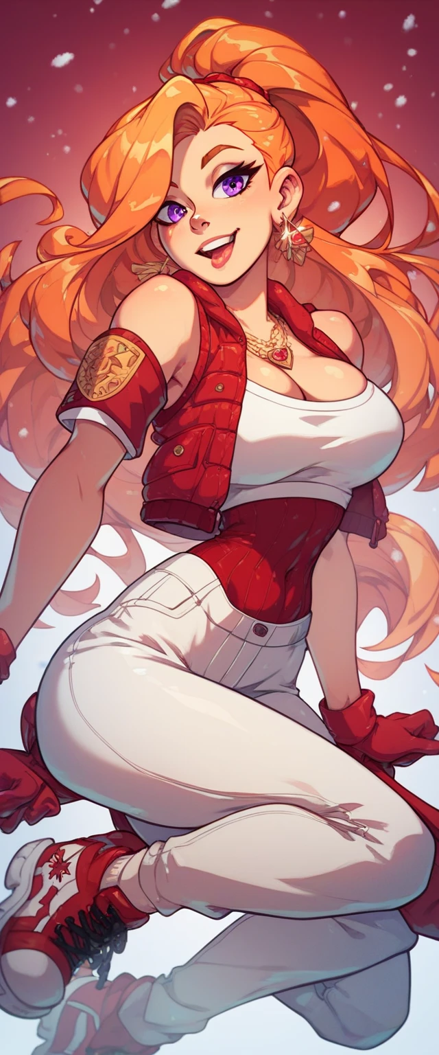 alchemist, ginger woman. auburn hair. braids, loose white shirt, ((completely unbuttoned, showing navel and cleavage)), leather pants, potion belt, detailed background ancient ruins (small_breasts:1.1)