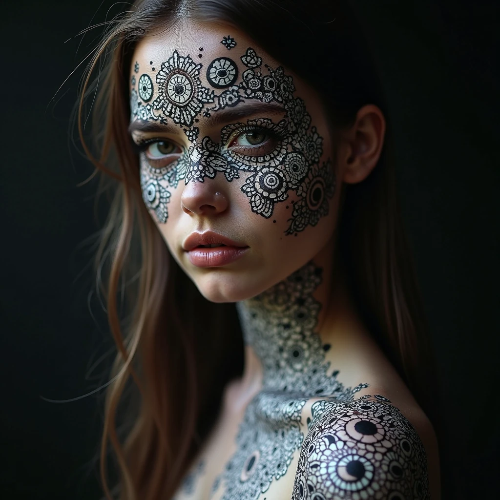 a woman dressed in a veil and a flower in her hair, with rock clothes, tattoo's and piercings, with tattoo's, tatuados, Portrait photo, tatuados skin, tatuados face, tatuados pinup, tattoo's all over the skin, Colorful portrait glamor, estilo de tatoo, tatuados, estúdio de tatoo foto, tattoo's, tinta de tatoo, com tatoo facial, tatoo, face tattoo's, tatoo azul e vermelha, ultra realisitic,