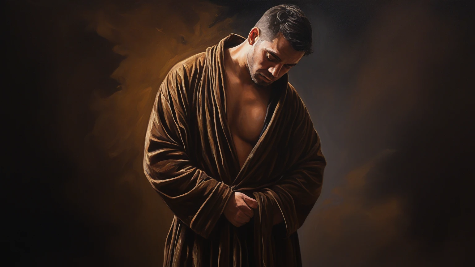 8k imagem realista do homem bonito, 25 anos, cabelos castanhos longos, olhos castanhos, Expression of hatred, vestido com camisa casual preta simples, black bandages wrapped around his arms, Standing in a large rustic underground dungeon