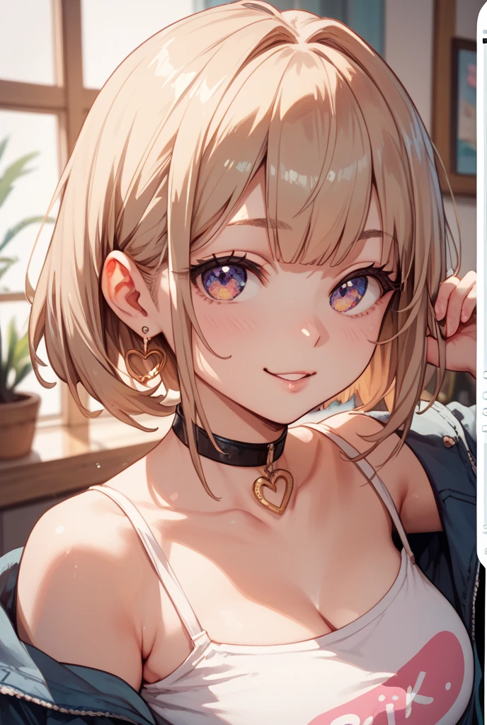(Slim blonde girl:1.45)、(Naughty leash:1.35)、(In normal cases, chest:1.25),(Look at this:1.35)、(Ecstatic smile with closed mouth:1.15)、(Asymmetrical medium length mannish hairstyle:1.15)