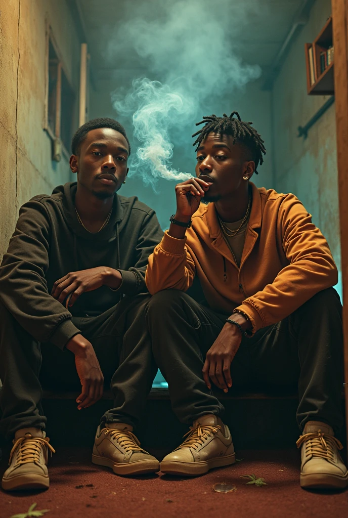 cartoony, mosquito duo, sitting on a couch, trappers, just chilling and smoking, blocks of money, rappers clothes
