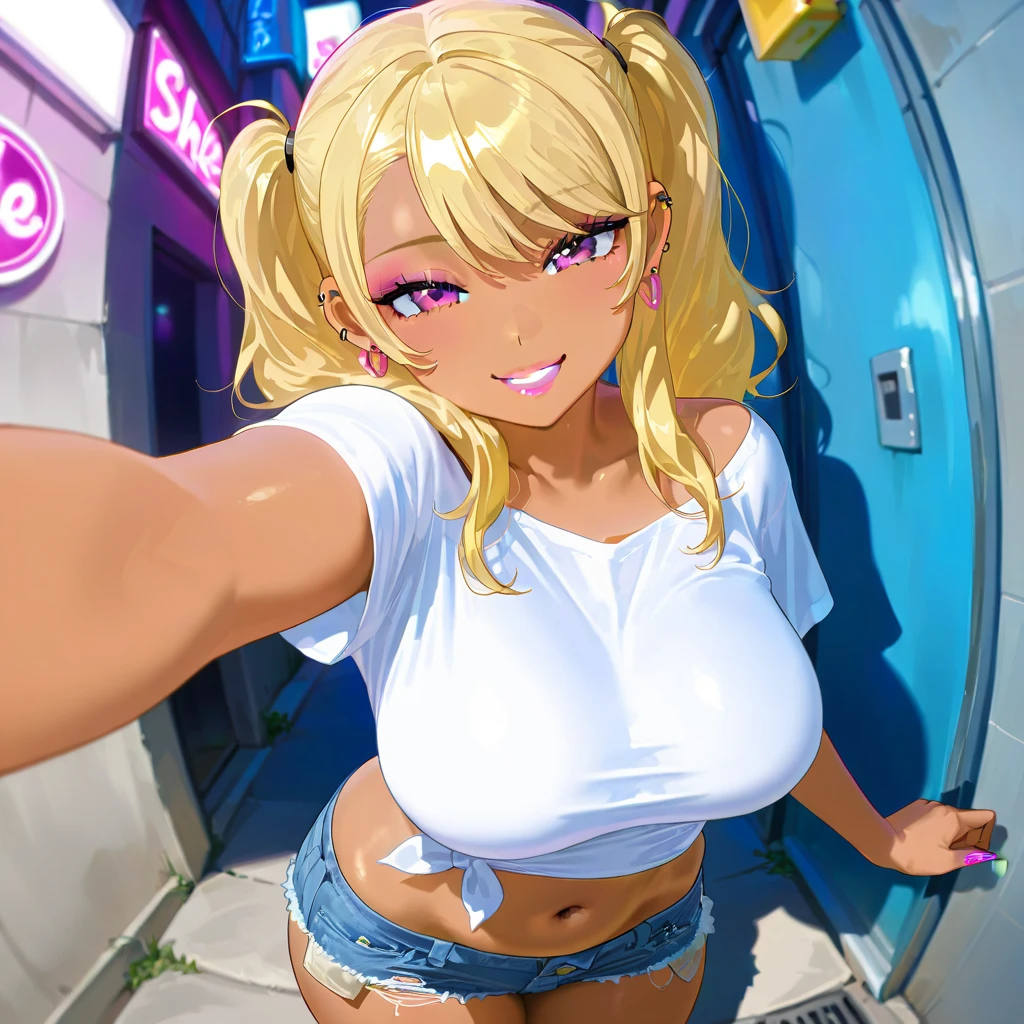 (masterpiece:1.2), super detailed, jaw-dropping beauty, large breasts, 1girl, gyaru, Thin waist and thick hips, massive lashes, long blonde hair, pony tail, hair down, (from above, facing forward:1.5), selfie, upward glance, glance up, hands up