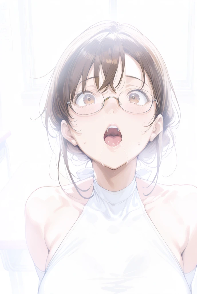 ((HDR, best quality, masterpiece, detailed, High Resolution)), (photorealistic:1.4), film grain, cleavage, shine, solo, woman, (cum in breasts, very many cum in the mouth, long tongue, blush, tongue out, drooling,  saliva, blush, ahegao:1.2), shorts, sit on the ground , alley wall