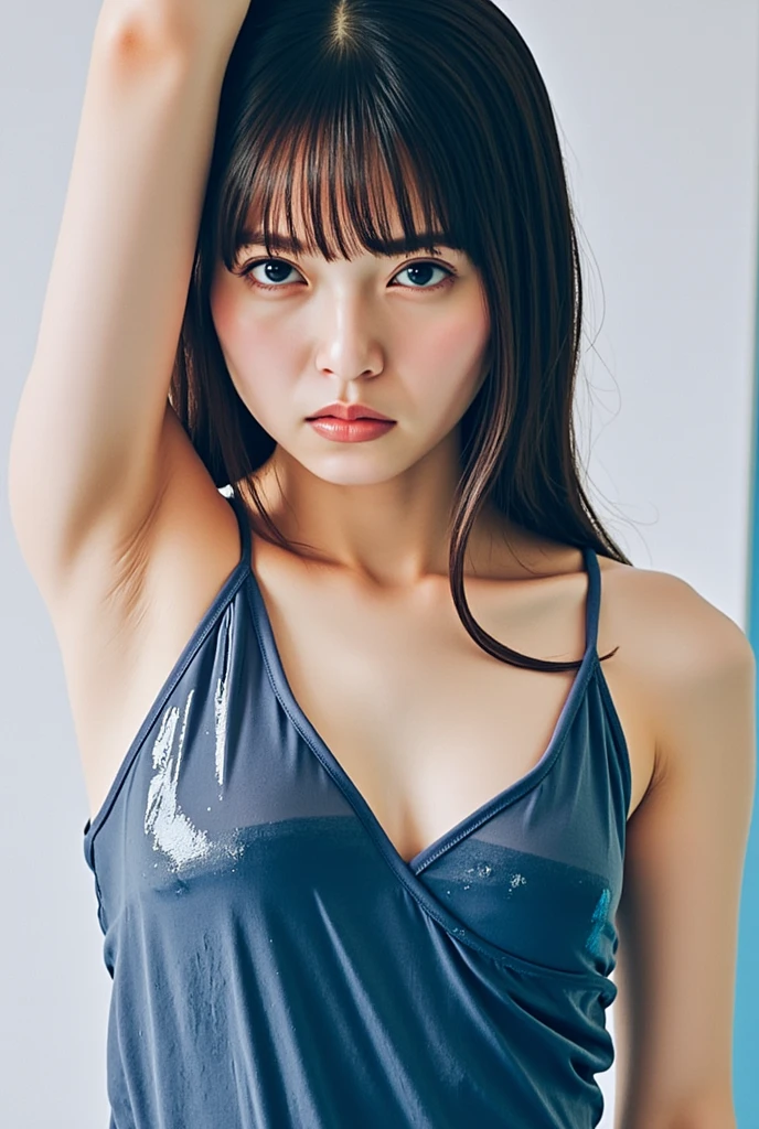 (8K, RAW Photos, Highest quality, masterpiece: 1.4), (Realistic, photoRealistic: 1.4), Super detailed, Ultra-high resolution, One Girl, Beholder, Beautifully detailed face, smile, (Slim waist: 1.0), Beautifully detailed skin, Skin Texture, Floating Hair, Professional Lighting, Middle Chest, Kind eyes,(small wet breasts:1.6), (beautiful wet nipples:1.4),(undressing:1.9), (:1.0), (law panty:1.5), (sleeveless wet blouse:1.1),(Feather Cut:1.0), (petite:1.0),(upper body:1.0)