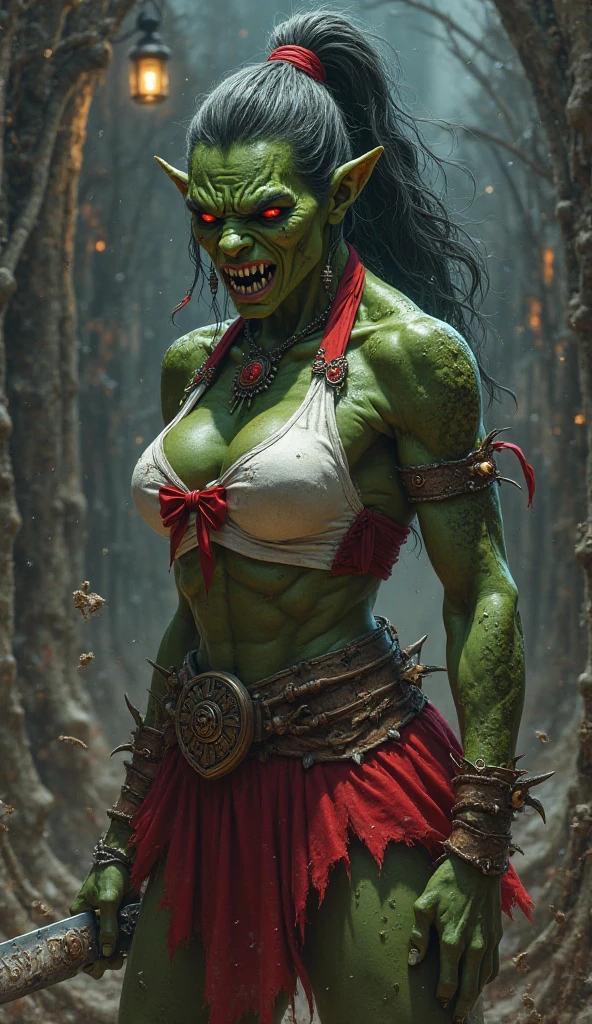 1 girl, beautiful muscular girl, Fangs out, tusks around the mouth, green skin, Painted face, large naked breasts, standing nipples, shoulder pads, Red Mohawk, pubic hair, lance in hand, belt with skull, seashore, palm trees, night, grass, volumetric lighting, Best quality, masterpiece, surrealism, ultrarealism, Hipperrealism