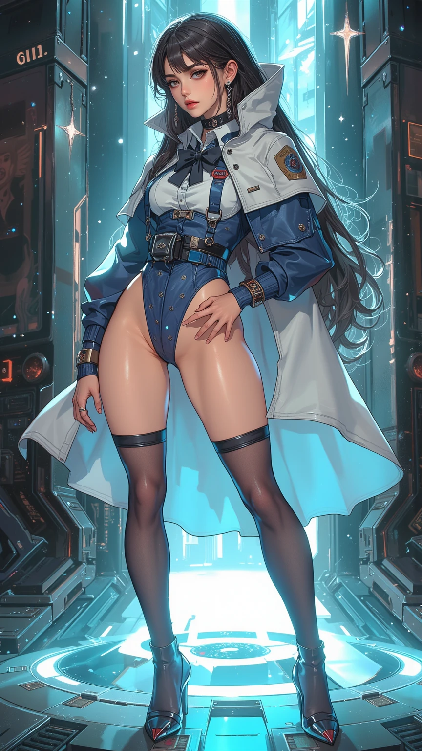 Satsuki Kiryuin, Satsuki Kiryuin de Kill-la-Kill, Dressed in junkets, gros seins, seins volumineux, curvy breasts, Bas en maille, debout avec un katana, pleine hauteur, Vue du bas, Best quality, Very detailed, ultra 8k resolution