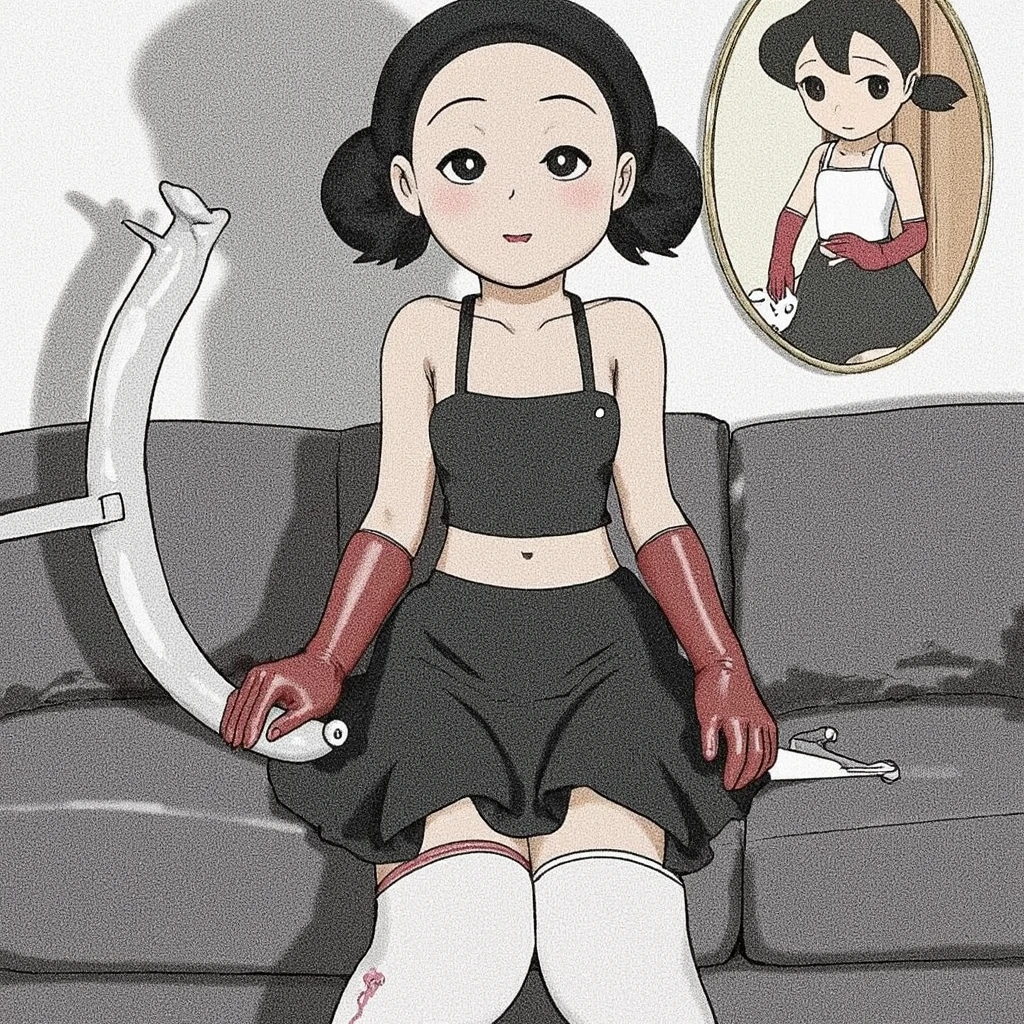 ,kiki/(kikis delivery service/)arms behind head, short_hair, looking_hair, thighhighs,sitting, red bow, bound, ????, bondage, rope, restrained, gag, ???????, bound_arms, ????????, ???????_over_clothes　,ghibli style, backcorset, black boots,fullbody