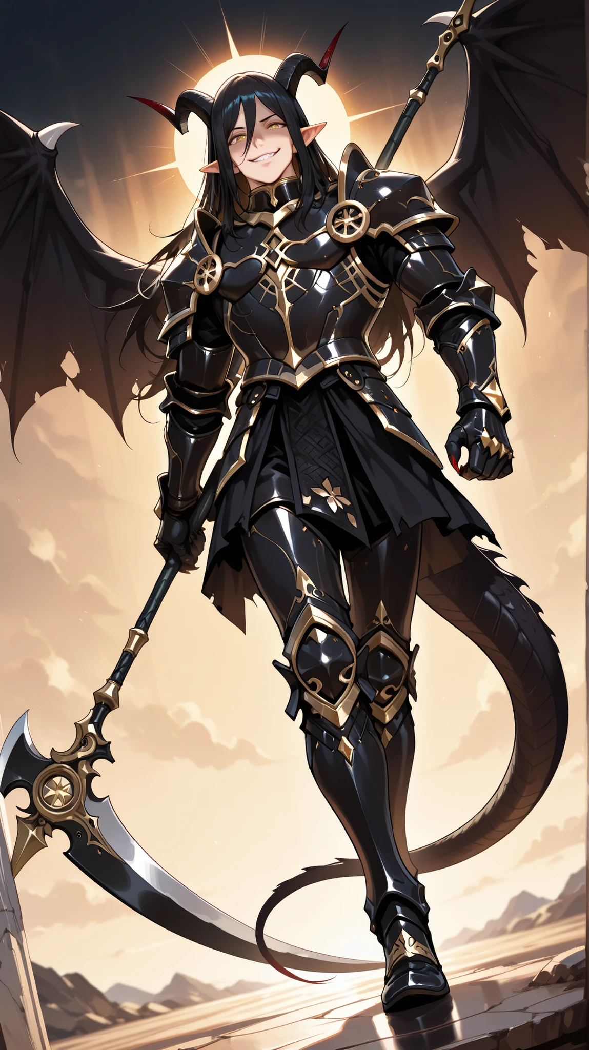 (masterpiece, best quality: 1. 2), highres, 8K, (((Anime))), (1 male), lean body, ((masculine)), ((floating in the sky)), weredragon, japanese anime style, glossy black, shiny black leather, (((beautiful golden eyes, finely detailed eyes, bright eyes, vertical iris))), hair between eyes, long hair, sideburns, wild hair, (sly grin, smirk, evil smile), teeth, confident, black hair, (ultra detailed face), shiny skin, long pointy ears, twisted torso, long-legged, sculpted face, wasp waist, dragon’s horn, dragon’s tail, dragon’s wings, dragon’s sharp claws, ((black armor with a lot of grandiose decorations)), half dragon half human, dramatic angle, dynamic posture, ((carrying a large scythe)), ultra detailed black armor, black armor with gold accent, all black outfit, whole body, emphasize face, focused expression, sharp focus, flourish, oblique angle, good-looking man, well-polished black armor, charismatic pose, (best illustration), cinematic, super detailed, dramatic lighting, intricate detail, exquisite detail, reflection, pearly luster, ((highly detailed artwork)), dramatic shadows, tenebrism, chiaroscuro, (extreme detailed), wonderful pose, chiseled features, stark contrast, heavy shadows, detailed black decorations, beautiful and aesthetic, photoreal, from below, fantasy black armor, opulent attire, sparkling accessories, thick and luxuriant hair, ultra detailed fantasy black armor, elaborate armor details, he dressed in black, broad shoulder, sharp eyes, true-to-life visuals, artistically refined, dramatic contrasts, ((extremely delicate and beautiful armor)), dark armor, toned male, exquisite goldwork, wonderful black armor, armor with intricate engravings, armor-type boots, ((detailed shoulder armor with intricate engravings, gold accent black armor)), (128K Ultra High Resolution), very gorgeous and dazzling, dark fantasy black knight, slim waistlines, wide chested, sinewy body, splendid scenery background, (((Hyper Detailed & Perfectly Designed Black Armor)))
