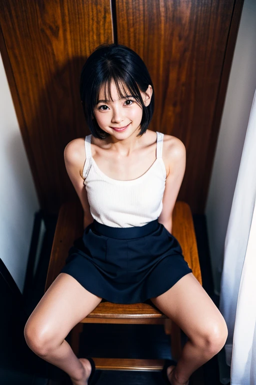 One girl,summer,Inside the room,sofa,Sit down,Black Hair,Fluffy short hair,Dark blue tank top,smile,6th grade elementary school,Innocent,front,delicate,Look here,transparent, Soft Light,(masterpiece, Highest quality), Structure of the film, Like a movie