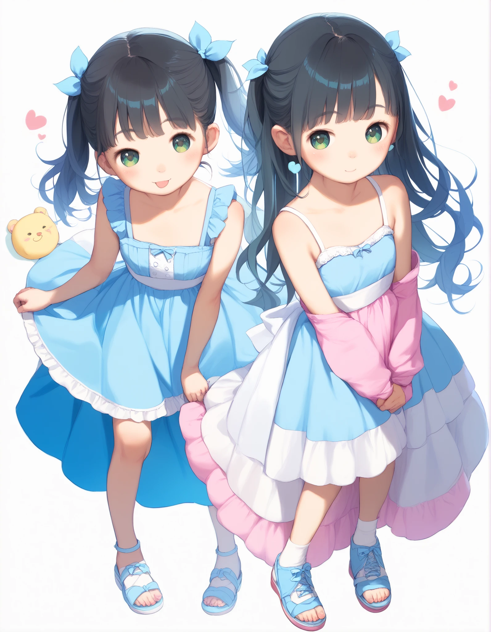 best image quality、 pretty eyes、detailed eyes、cute face、baby face、girl、black hair、small、twin tails、blue dress、The Golden Collection of Poems、full body、pastel background、standing pose with shoulders hidden