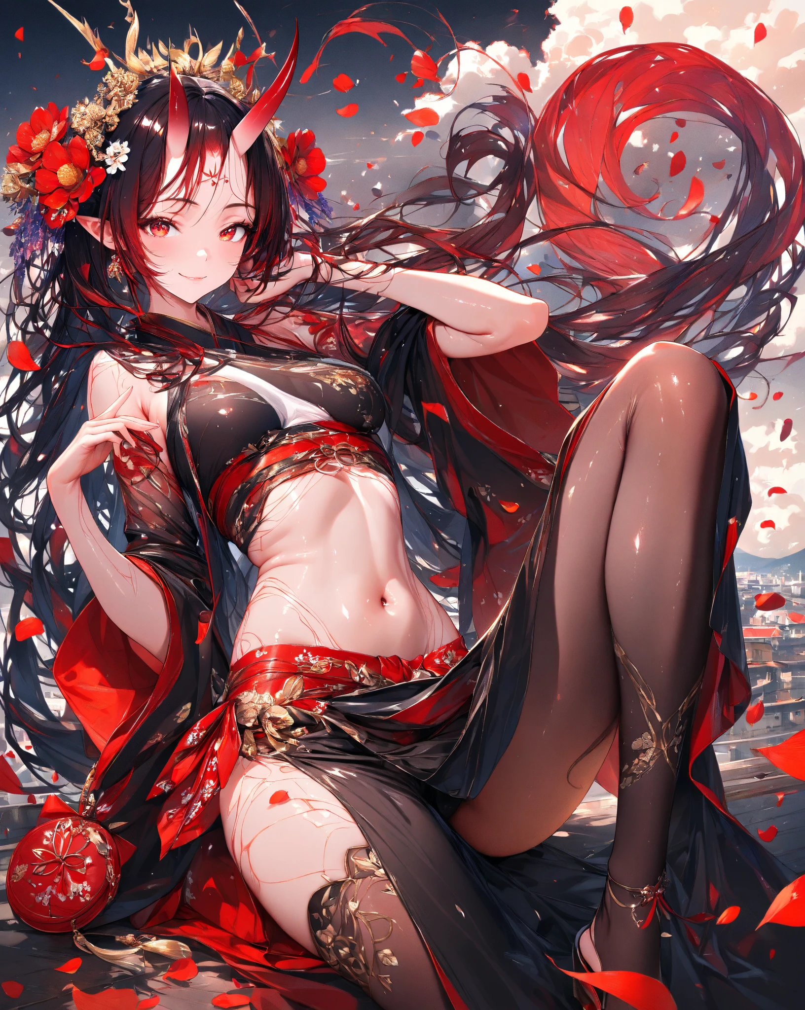 ((High resolution)), (Open Mouth), (Bust), (Top Quality), ((Super Fine)) (Super Fine CG)), ((8k_wallpaper)), Dynamic Angle, Floating, (Eyes with Beautiful Details), Very Delicate and Beautiful Girl, Upper Body, Ink Painting, (Chinese Style), Dark Eyes, Burning, Detail Light. from_low, (Black hair), (Red Spider) lily: 1.33), aqua eye, (Flower): 1.3), single, Starry Sky, hairornament, earring, jewelry, Messy hair, Bare shoulders, Half-closed eyes, (Male), (Hanfu: 1.3), (Medium breasts): 1.2), (Eye shadow.), Red eyeliner: 1.15), (Eye shadow.), Red eyeliner: 1.15), (Eye shadow.), Red eyeliner: 1.15), (Visible eyes through hair: 1.2), (Solo exhibition), red moon, gossip, Full Body, Cross your legs, sitting,, Bloom, bloom