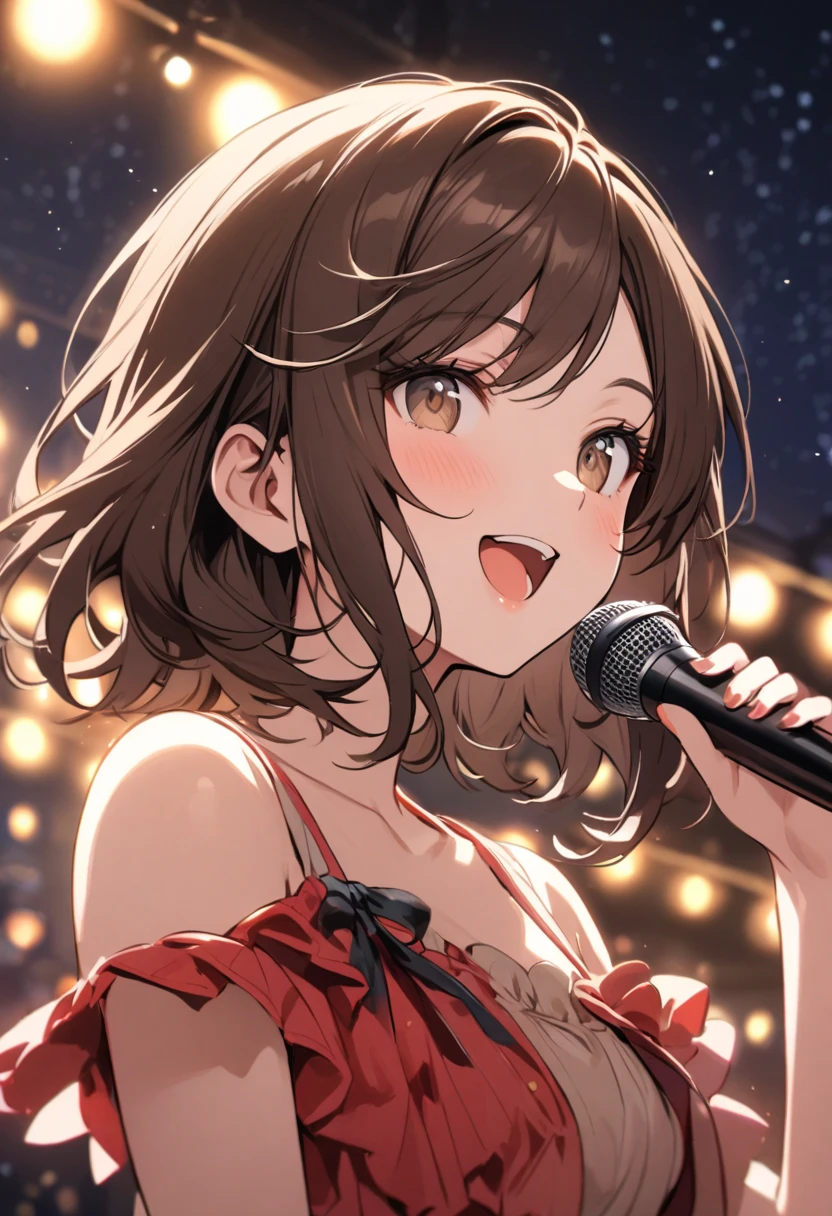 1girl,amami haruka,solo,hair flower,choker,open mouth,blush,looking at viewer,d,mismatched legwear,skirt,microphone,sweat,<lora:a31_char_new_amami_haruka-000022:1>masterpiece, best quality, absurdres<lora:a31_style_koni-000010:0.8>