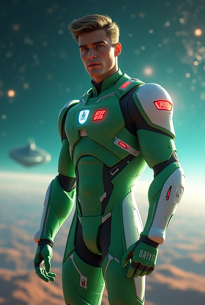 a detailed illustration of Buzz Lightyear, 1man, highly detailed face and body, muscular build, green and white spacesuit, metallic armor, jetpack, space ranger, adventurous expression, dynamic pose, surrounded by stars and planets, cinematic lighting, muted color palette, digital art, 8k, photorealistic
