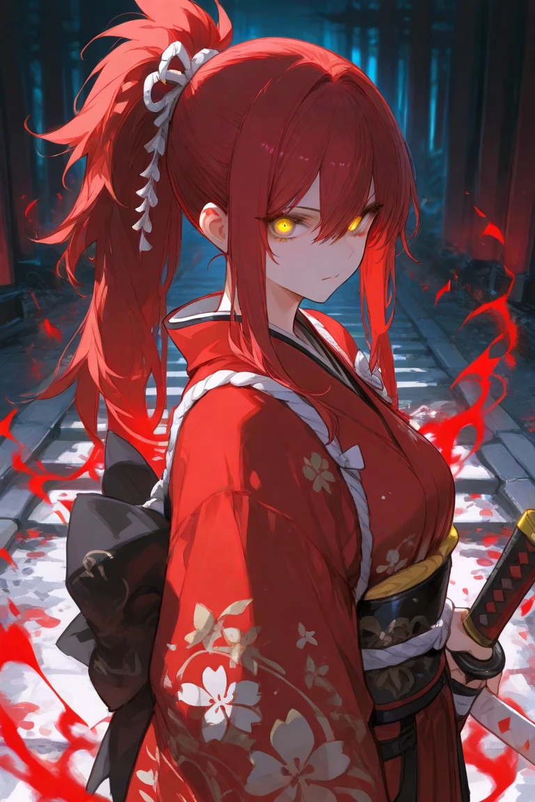 Anime girl, long red hair in a ponytail, black eyes, sharp features, black kimono, unsheathing a katana