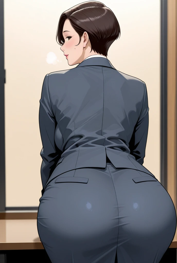 (Best quality, 8k, 32k, Masterpiece, UHD:1.2), 1girl, narrow waist, grey suit, open jacket, office lady, suit, pants, from behind, office room, desk,(stick out one's buttocks:1.2), detailed face, short hair, looking at viewer