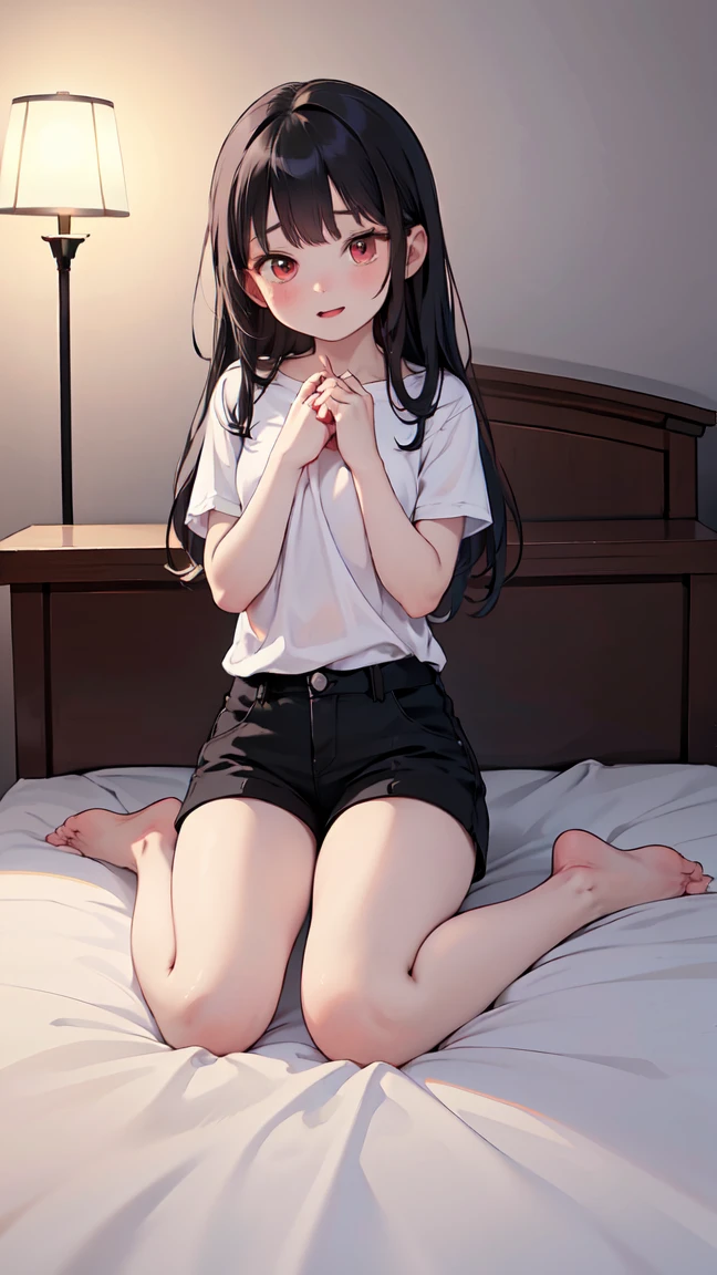 masterpiece,Highest quality,High resolution,shape,Very detailed,8k wallpaper,Ray Tracing,girl,(Black Hair:1.1),((Long Hair:1.1)),(Black Eye 1:1.1),Straight hair,Medium Chest,((embarrassing 1:1.3)),((Blushing 1:1.3)),((Plain white shirt 1:1.2)),bed,School Swimsuit,Lying on your back