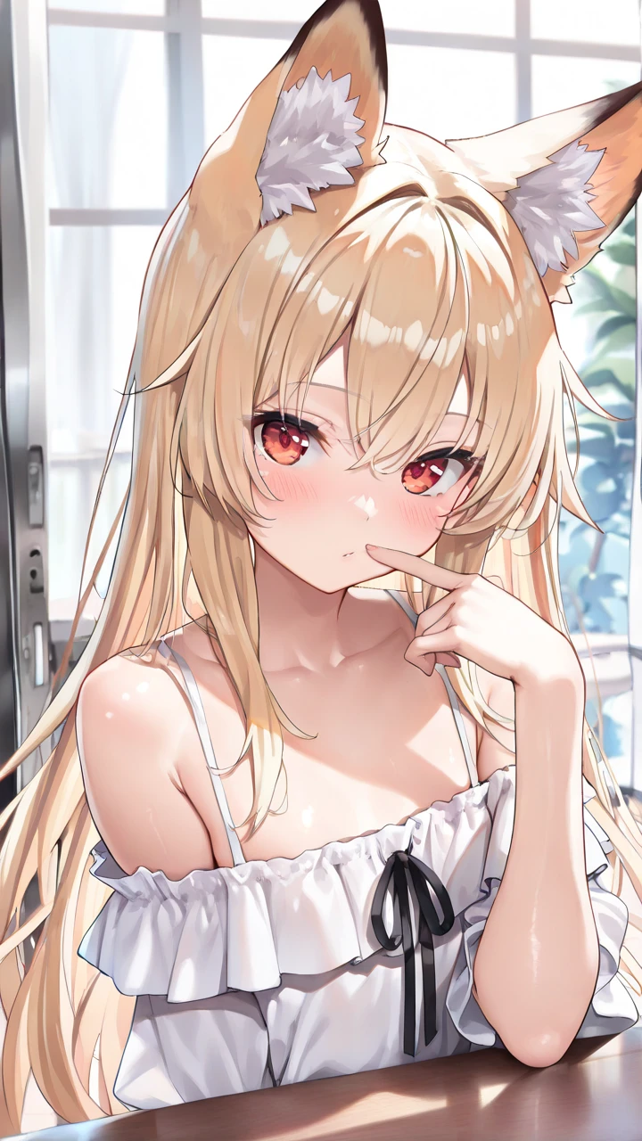 One girl、A little sexy、Blonde、Red sparkling eyes、detailed cute eyes,(glowing eyes:1.4),open mouth,((Droopy eyeole on left cheek Medium Curl Hair、Dog ears、Lying down、Golden Room、pearls choker,sensual pose,