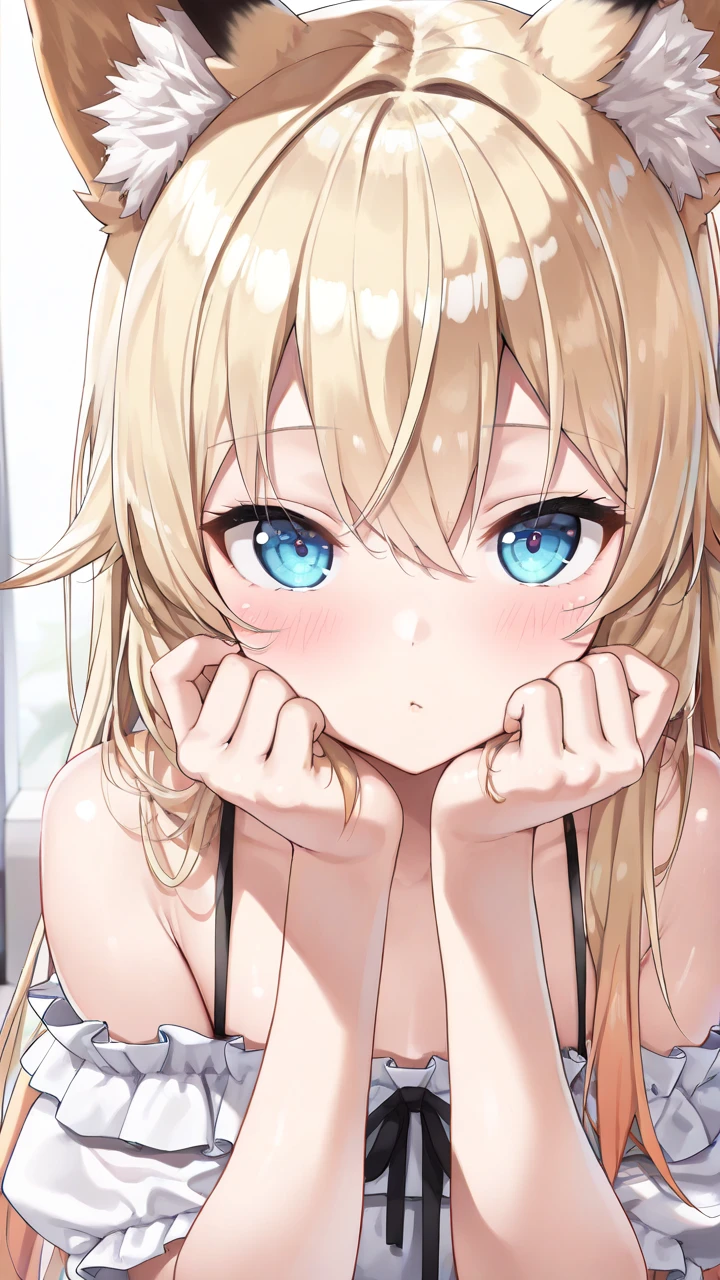 Highest quality、Highest quality、masterpiece、beautiful girl、Long golden hair、blue eyes、naked、On all fours
