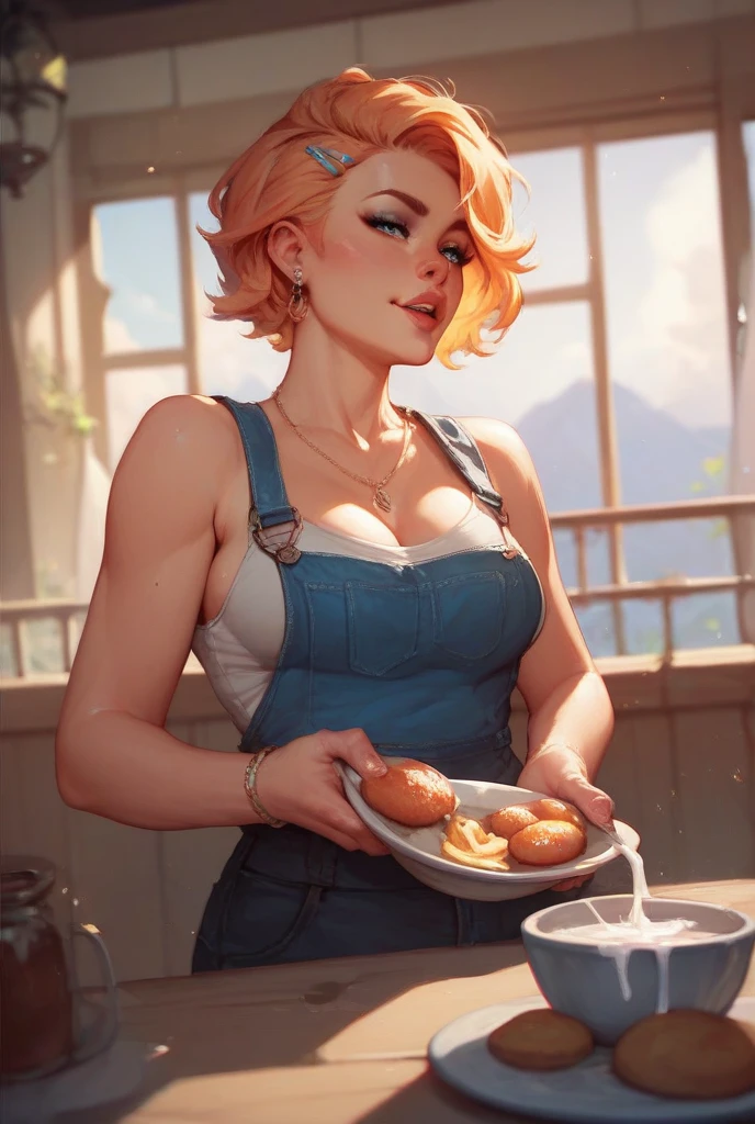 score_9, score_8_up, source_realistic, Realistic photo, photo, real, Realistic, score_9, score_8_up, score_7_up, source_anime, score_9, score_9, score_8_up, score_7_up, source_anime, 1girl, solo, boob window, cow pattern crop top, no bra, big tits, standing, holding a tray of burned food, gown, cooking, kitchen, android 18, dragon ball, front view, looking at viewer, embarrassed, shy, tray on table, arms behind back, blue Eyes