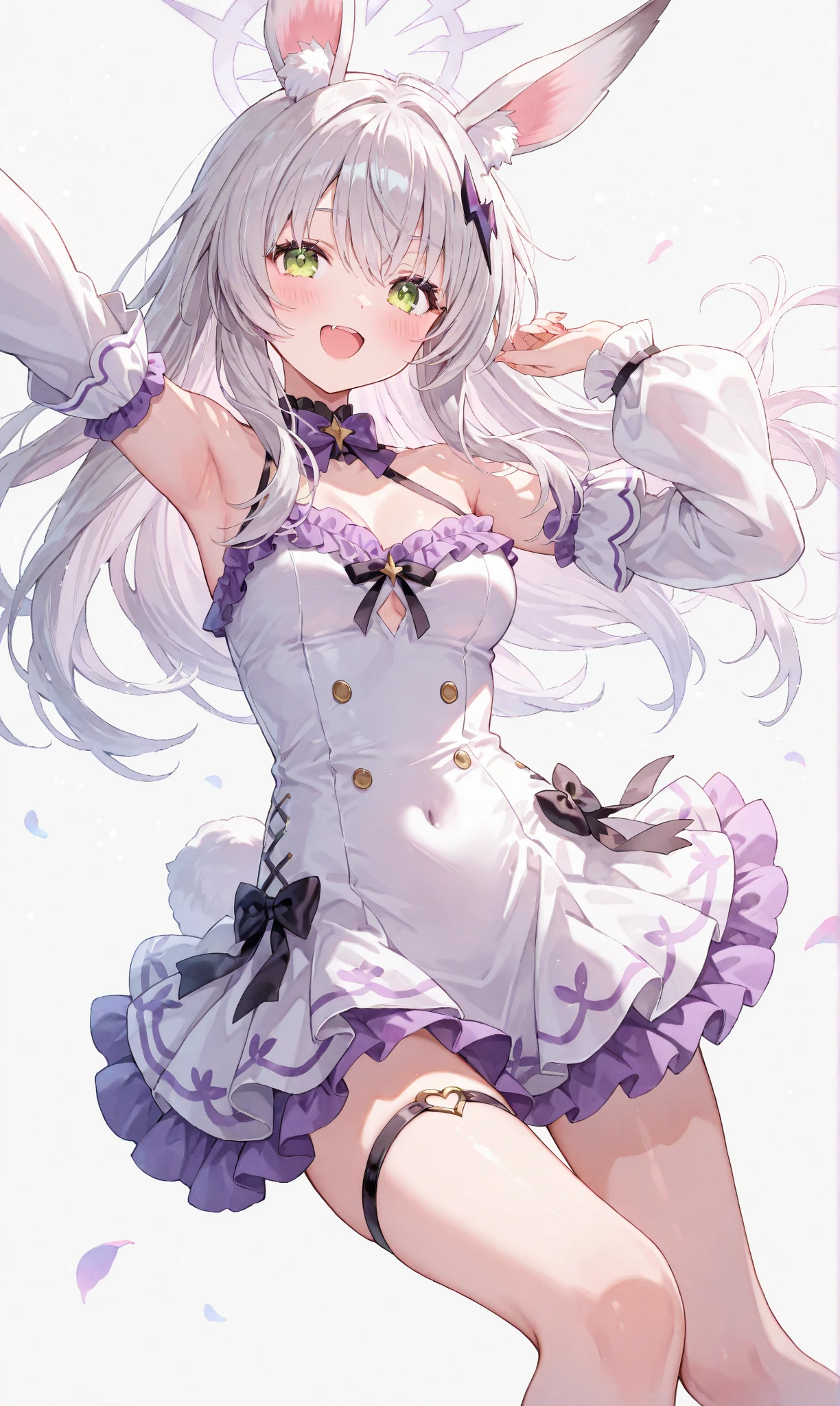 Emilia Re:Zero, white hair, white crown braid, purple ribbons in hair, white flower in hair, white lingerie, x hair ornament, purple eyes, long hair, medium breasts, fox ears, fox girl, 1girl, solo,
(masterpiece:1.1), (best quality:1.1), (ultra-detailed:1.1), (illustration:1.1), medium breasts, one piece lingerie, bra, panties, camel toe, lacy white lingerie, cleavage cutout, midriff, looking at viewer, cowboy shot, blushing